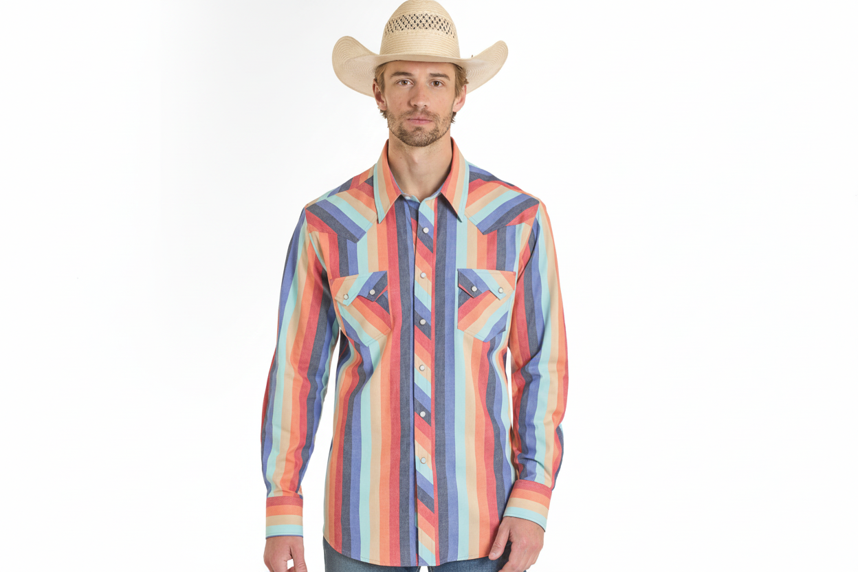 Rock & Roll Men's Retro Stripe Printed Twill LS Snap Shirt