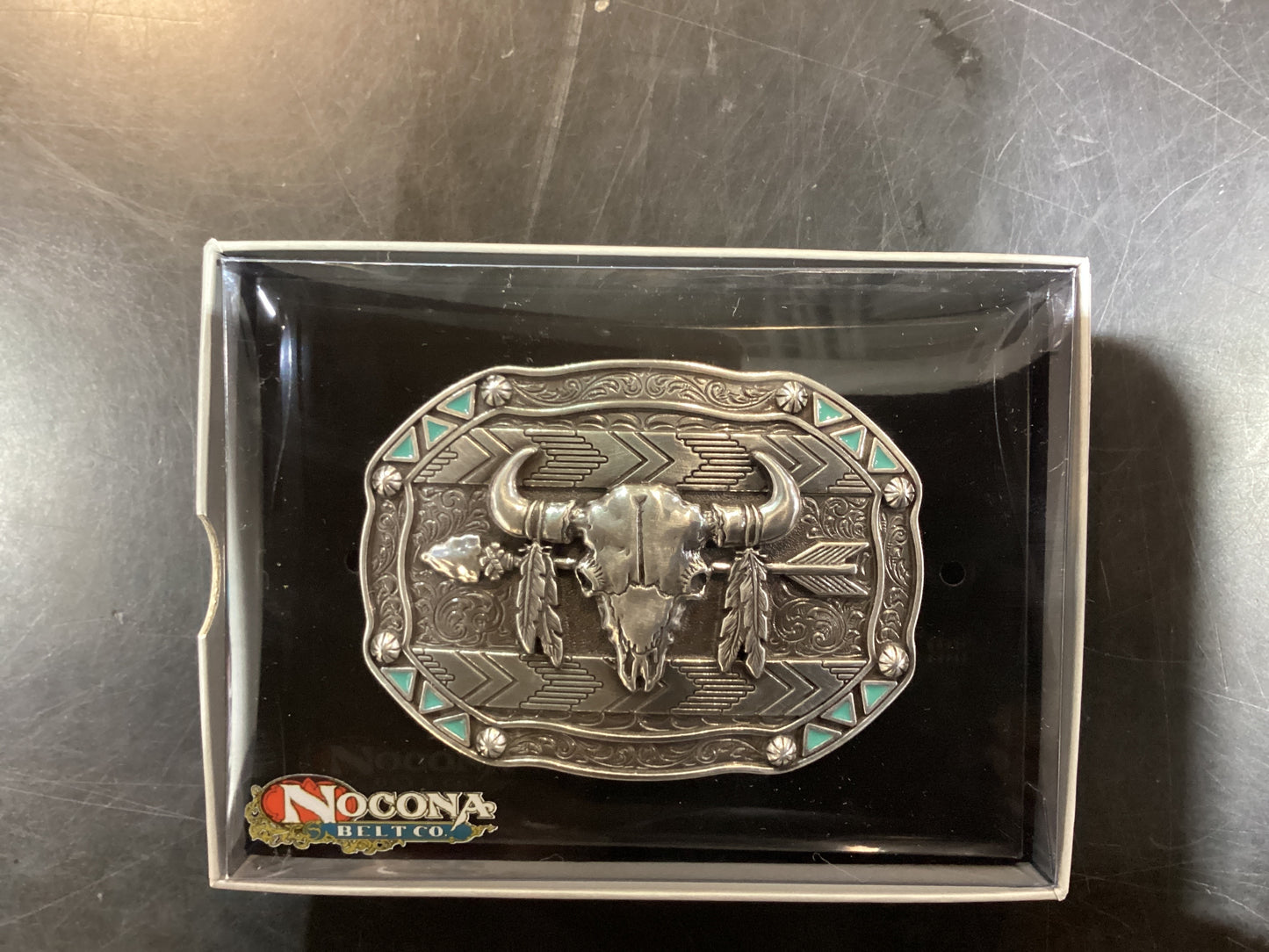 NOCONA RECTANGLE ARROW SKULL FEATHER BUCKLE