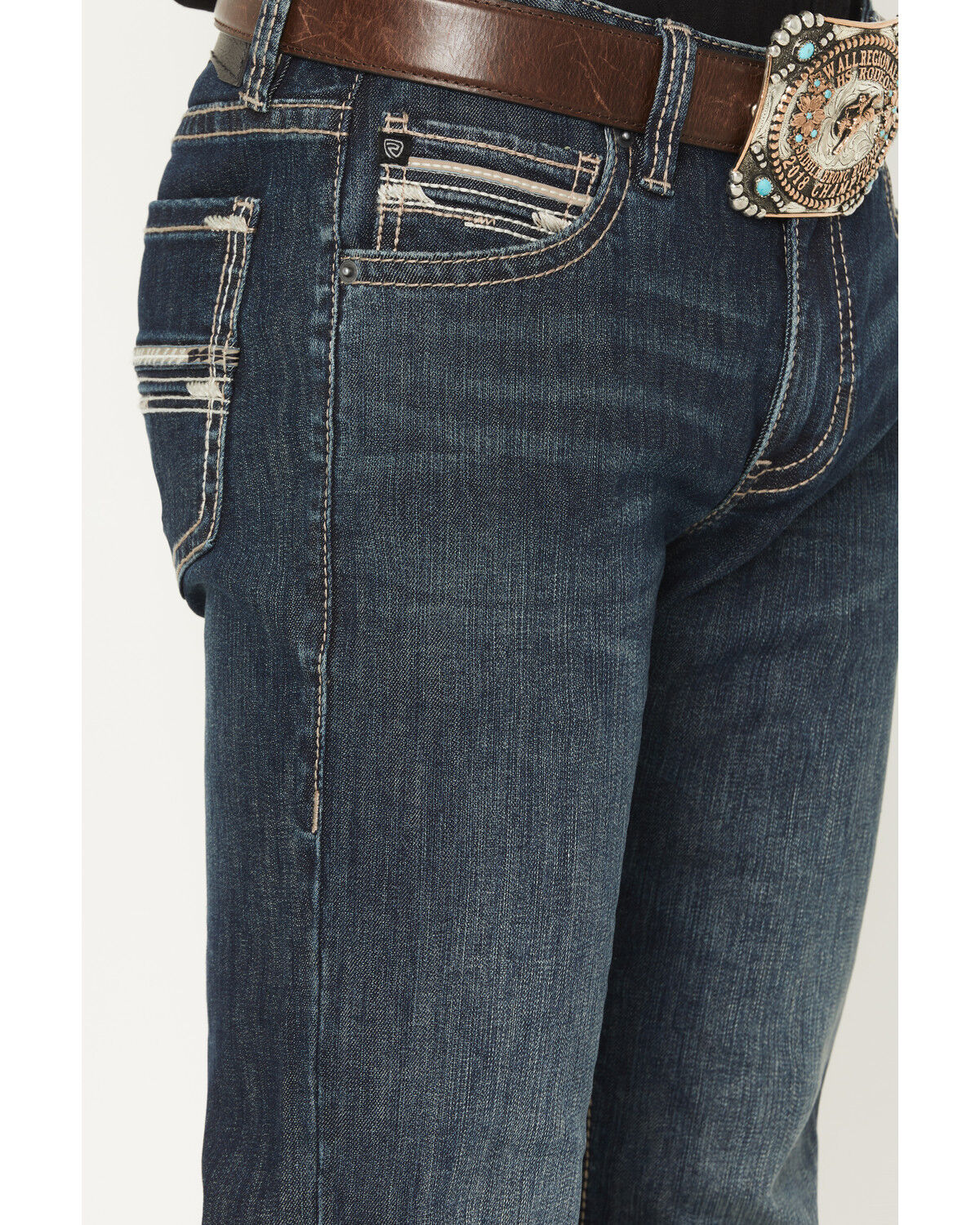 Rock & Roll Denim Men's Revolver Dark Wash Slim Straight Pleather Embroidered Stretch Denim Jeans