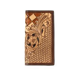 3D Mens Rodeo Style Wallet Hand Tooled Floral Basketweave Tan
