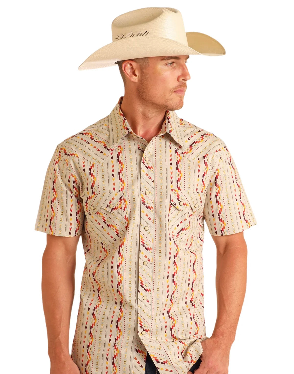Rock&Roll Aztec Stripe Print SS Button - Natural