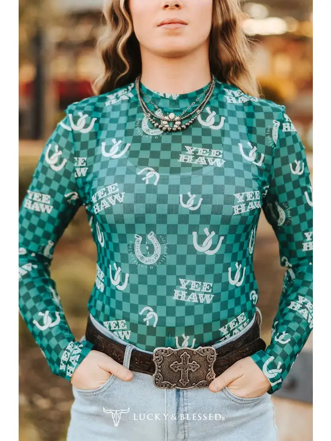 Lucky & Blessed: Teal Checkered Horse Shoe Printed Long Sleeve Mesh Top
