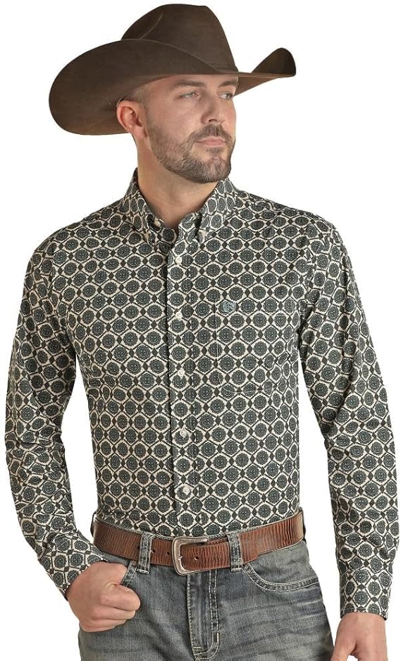 Panhandle Men's Medallion Print Button Down Shirt Evergreen- Big And Tall