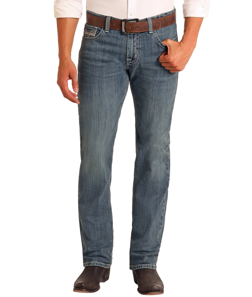Rock&Roll Slim Fit Raised Pocket Stitch Straight Leg Jeans