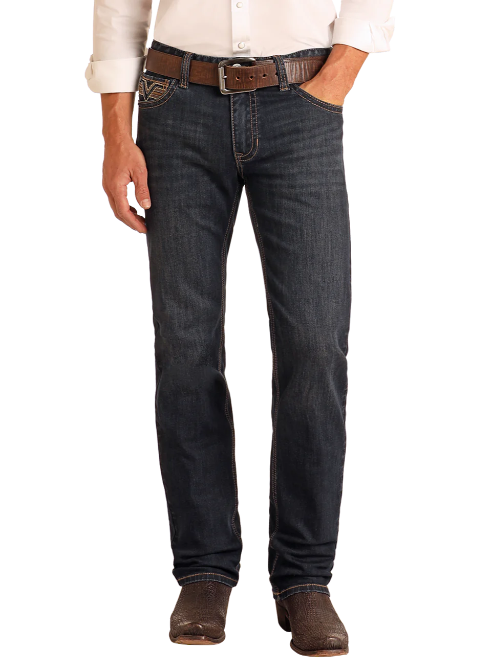 ROCK&ROLL Slim Fit Dark Pleather Pocket Straight Leg Jeans