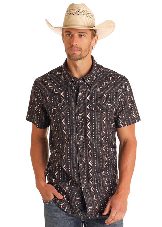 TEK Western Black Striped Aztec Print Short Sleeve Shirt