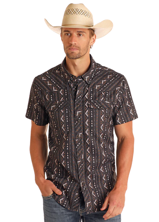 TEK Western Black Striped Aztec Print Short Sleeve Shirt