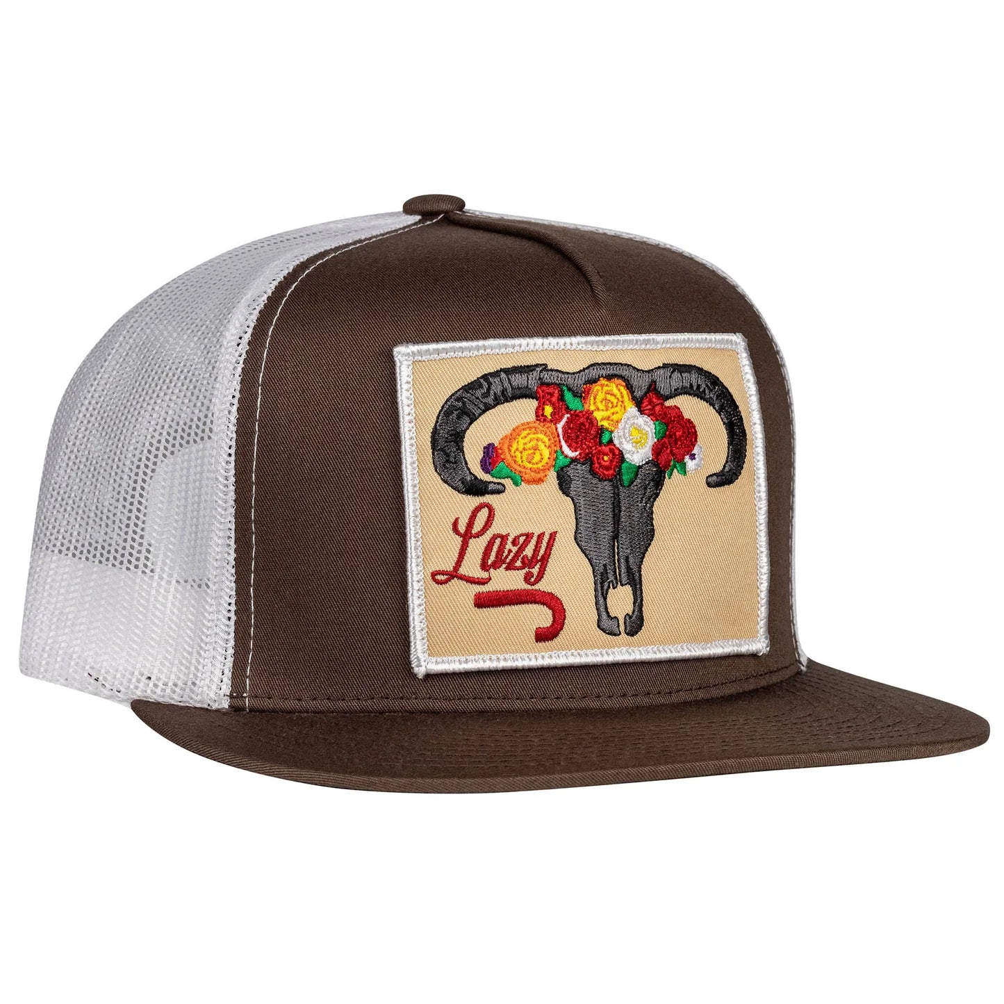 Lazy J Ranch Brown & White Skull & Flowers Trucker Hat