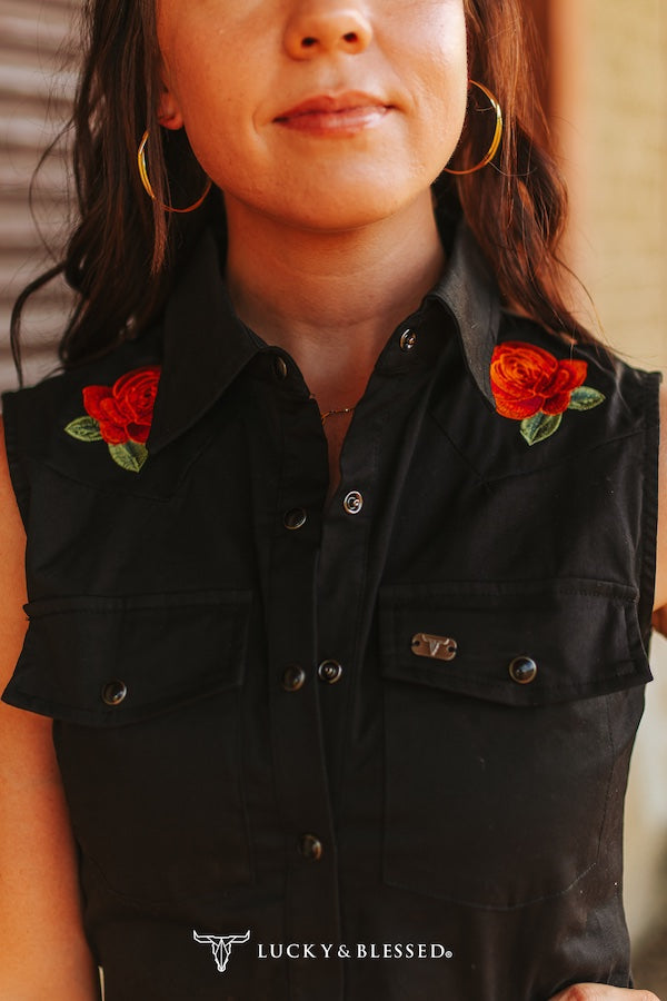 Women's Lucky & Blessed Black Pearl Snap Button Down Floral Embroidered Sleeveless Stretch Dress Tunic