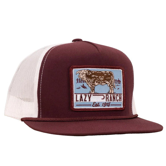 LAZY J RANCH MAROON & WHITE BLUE BULL TRAP CLASSIC ROPE TRUCKER HAT
MARWHT4-BT-BLU