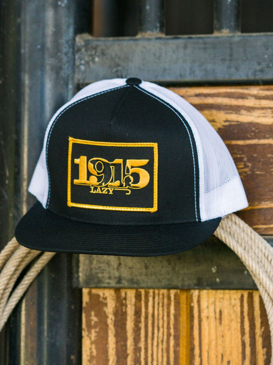 LAZY J RANCH BLACK AND WHITE RETRO 1915 CLASSIC FIVE PANEL TRUCKER HAT