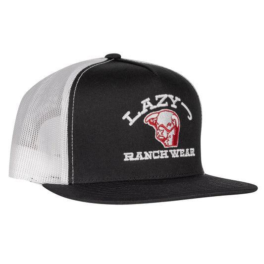 LAZY J RANCH BLACK & WHITE EMBROIDERED SHOW TIME CLASSIC FIVE PANEL TRUCKER HAT