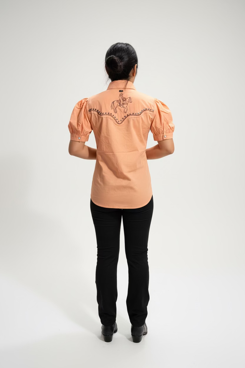 Lucky & Blessed: Peach Stuffed Contrast Embroidered Puff Pearl Snap Button Down Shirt