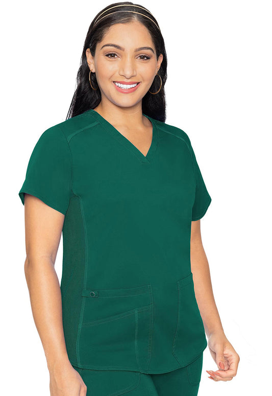 Med Couture Touch Women's 3-Pocket STRETCH Rib-Knit Side Panels Shirttail V- Neck Scrub Top