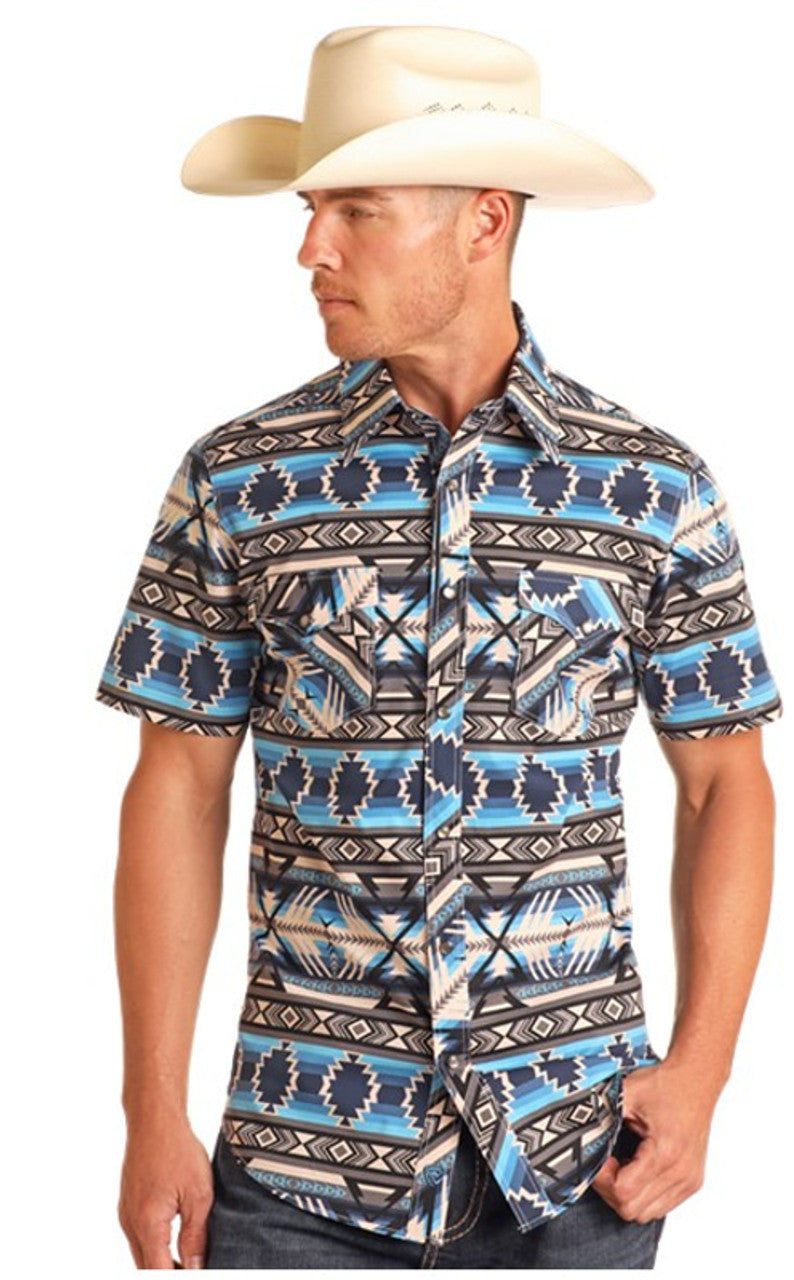 Rock&Roll Aztec Print SS Snap - Blue