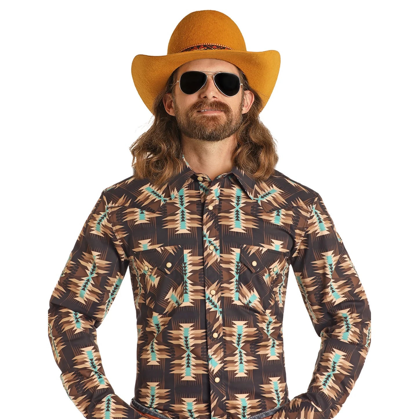 Rock&Roll Aztec Print Modern Fit LS Snap - Dark Brown