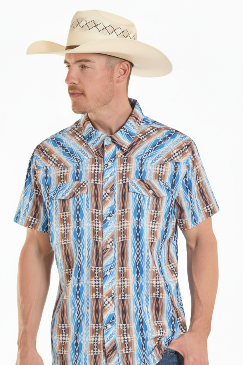 Rock&Roll Aztec Stripe Printed Tek Western SS Snap Shirt