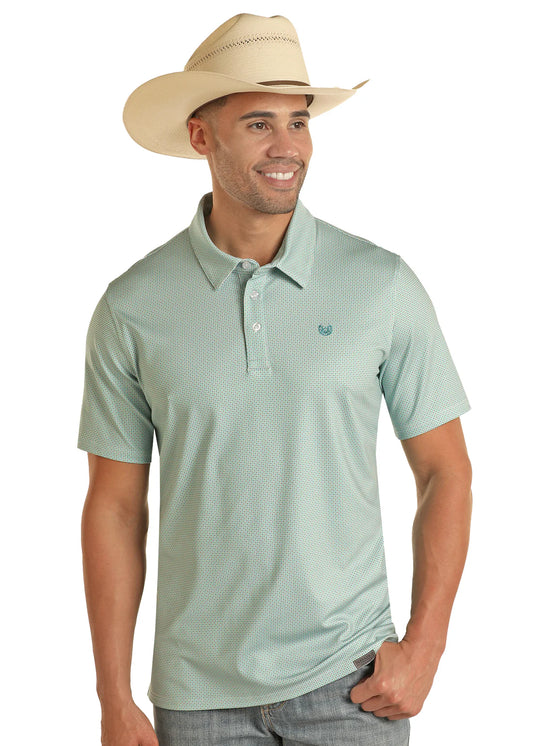 PANHANDLE SS DITZY GEOBD KNIT POLO - TURQUOISE