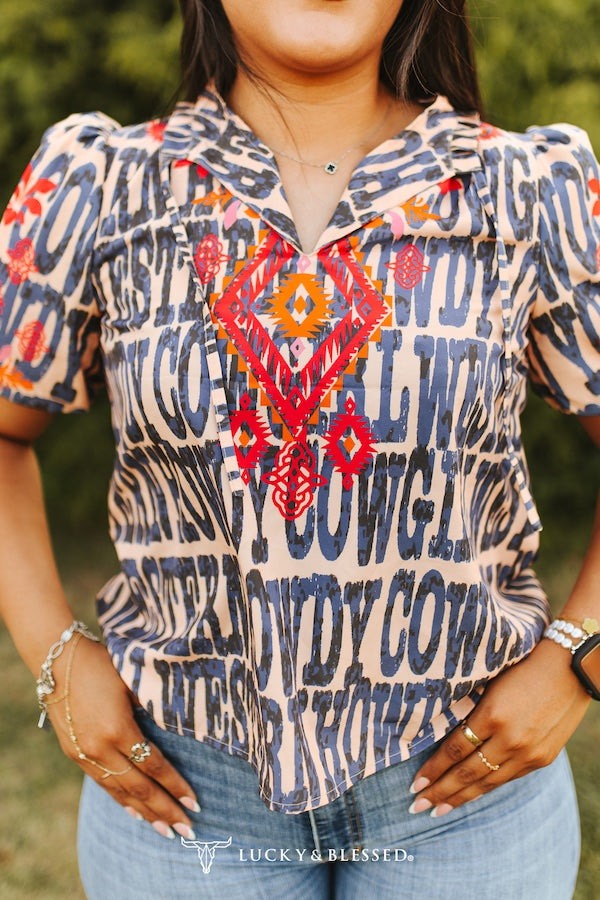 Women's Lucky&Blessed Howdy Cowgirl Puff Shoulder Aztec Printed Front Tie Top