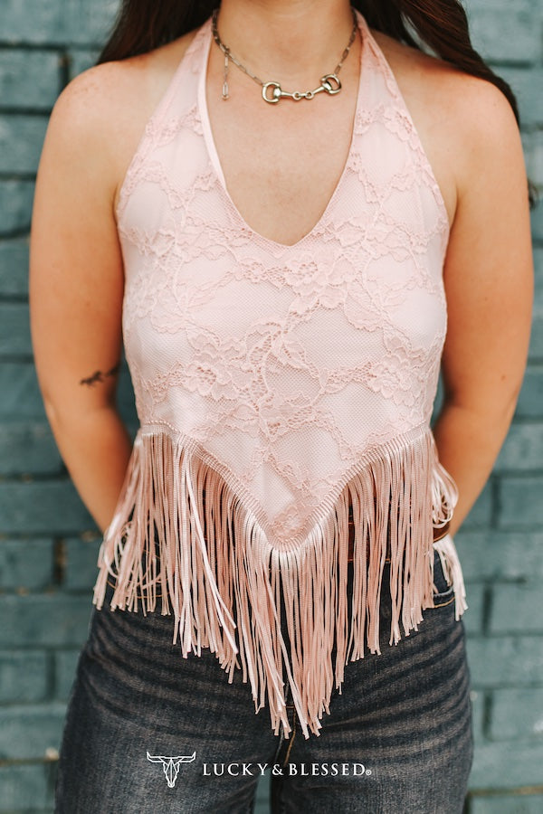 Lucky & Blessed: Soft Pink Lace Fringe Hem Halter Top
