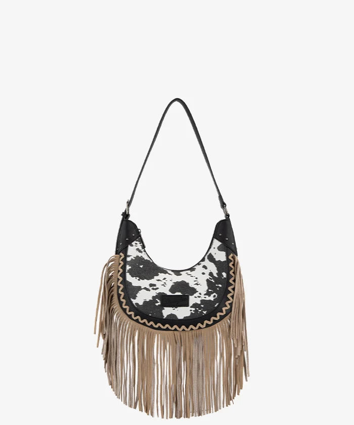 Wrangler Cow-Print Fringe Hobo Bag