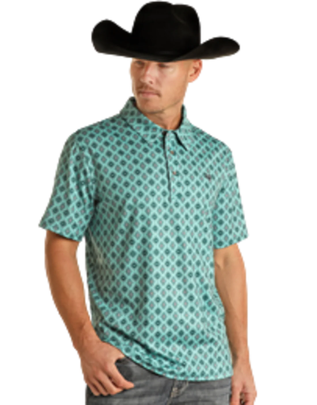 PANHANDLE SS MEDALLION SNAP KNIT POLO - TURQUOISE