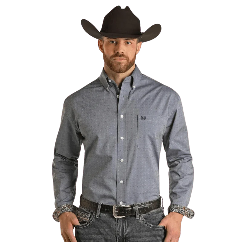 Pandhandle Men's Solid Dobby Light Navy Long Sleeve Button Dow