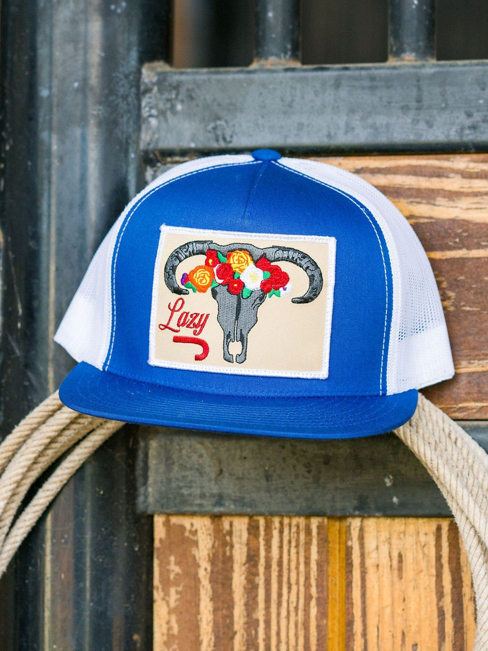 Lazy J Ranch Royal Blue & White Skull & Flowers Classic Five Panel Trucker Hat