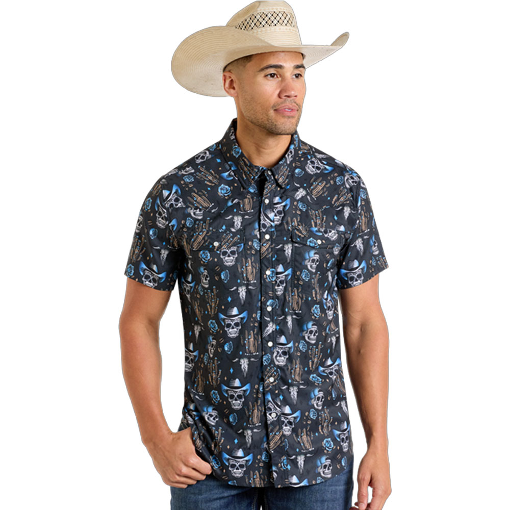 Rock&Roll Skull Print TEK Western Snap SS– Charcoal