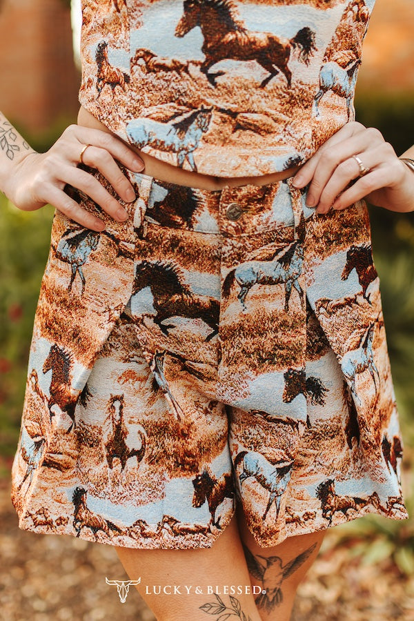 Women's Lucky & Blessed Beige Horse Jacquard Knitted Crease Short