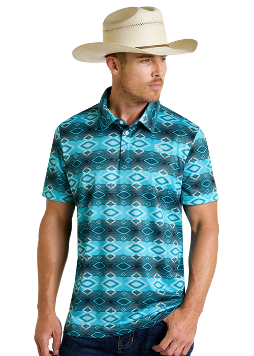 ROCK & ROLL AZTEC PRINTED POLO - TURQUOISE