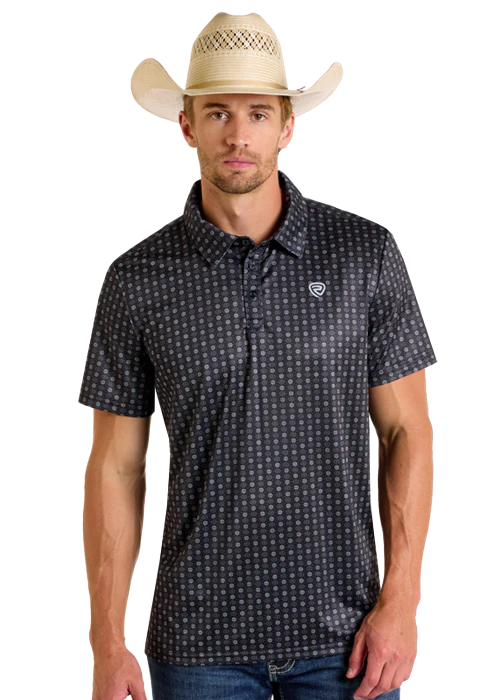 ROCK & ROLL DENIM GEO PRINTED POLO - BLACK