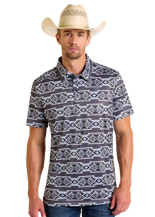 ROCK & ROLL DENIM AZTEC PRINT POLO - CHARCOAL