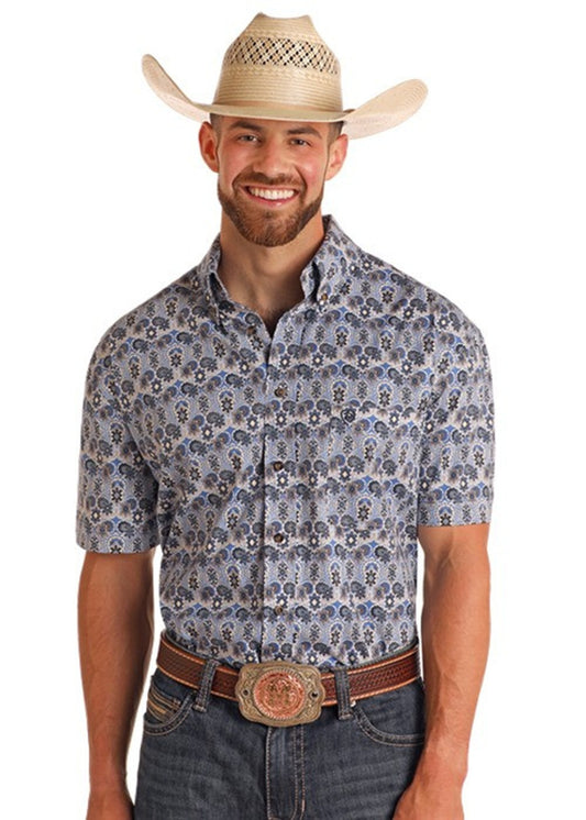 ROCK&ROLL PAISLEY PRINT SS BUTTON - BLUE