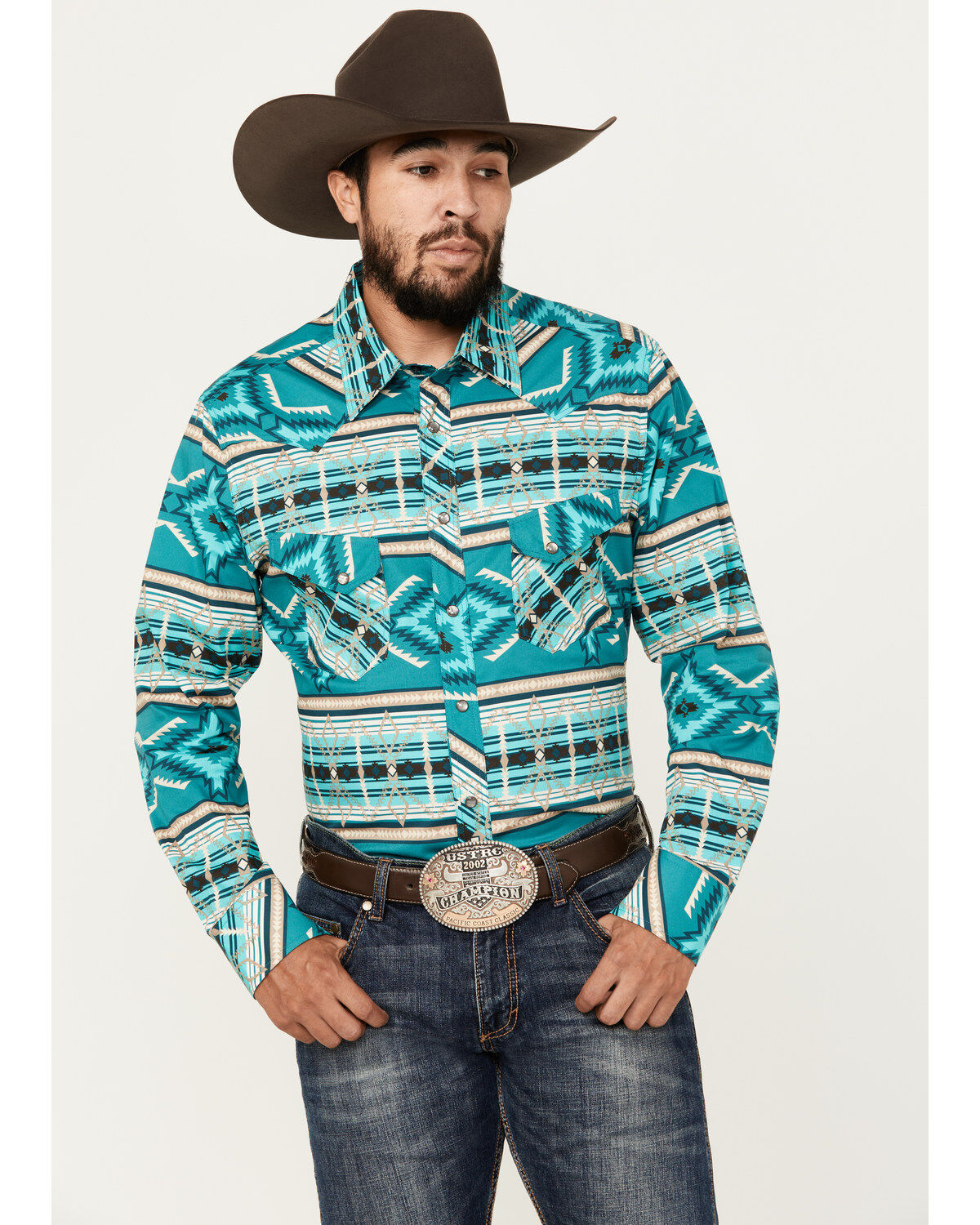 Rock&Roll Southwestern Print Long Sleeve Snap Stretch Western Shirt