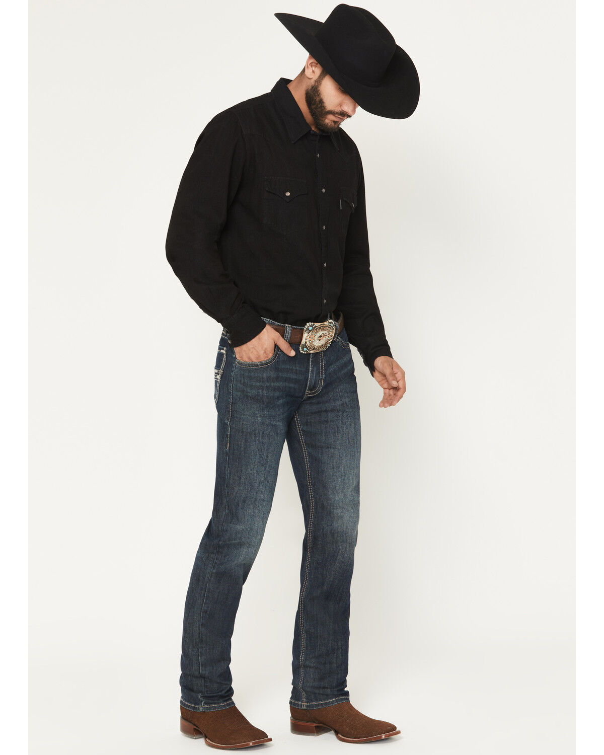 Rock & Roll Denim Men's Revolver Dark Wash Slim Straight Pleather Embroidered Stretch Denim Jeans