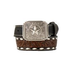 3D Boys Belt 1 1/2" - 1 1/4" Basket Weave Floral Embossed Buck Lace Black
