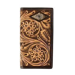 3D Mens Rodeo Style Wallet Hand Tooled Floral Diamond Calf Hair Brown
