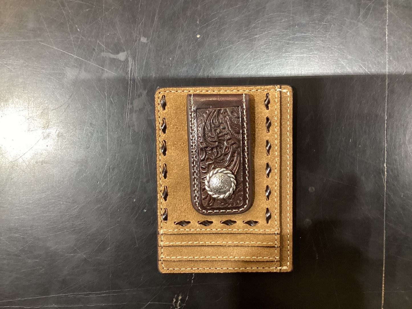 Brown leather Money clip with silver detail