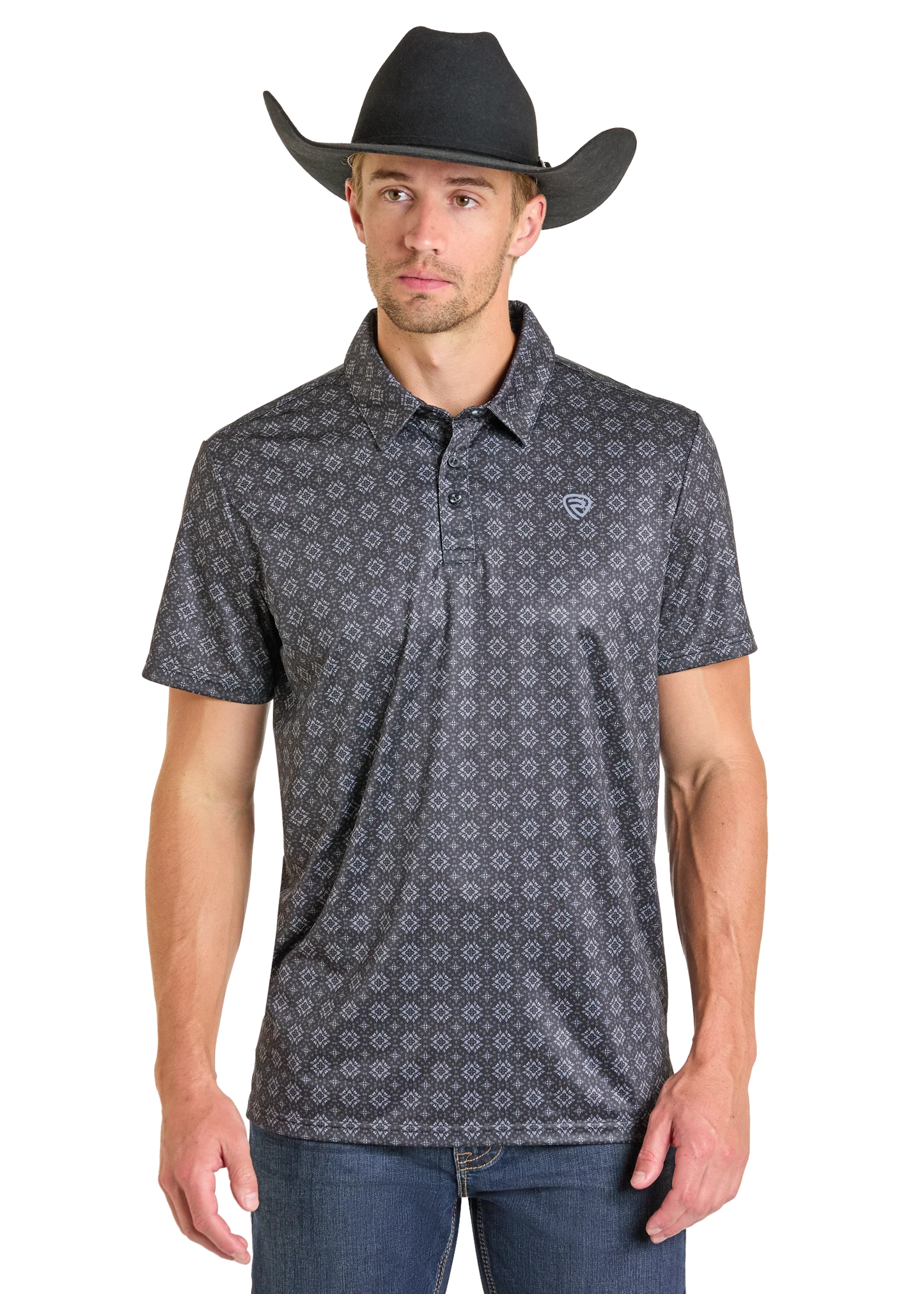 Rock&Roll Mens Black Medallion Print Short Sleeve Shirt