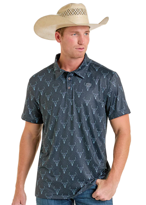 Rock & Roll Denim Skull Printed Polo - Black