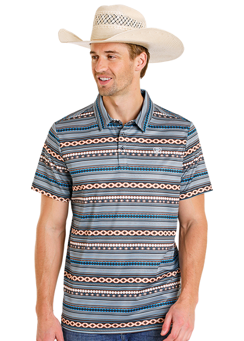 Rock & Roll Denim Teal Aztec Stripe Short Sleeve Polo