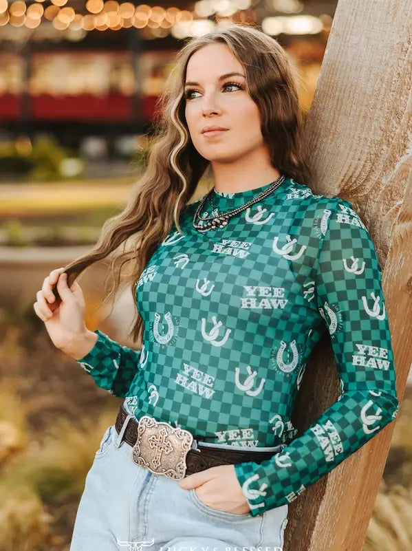 Lucky & Blessed: Teal Checkered Horse Shoe Printed Long Sleeve Mesh Top