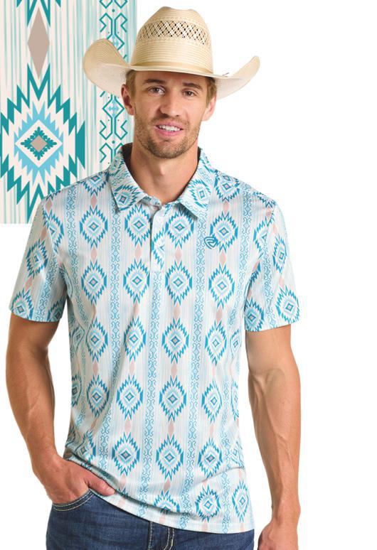 ROCK&ROLL AZTEC PRINTED POLO - CARIBBEAN