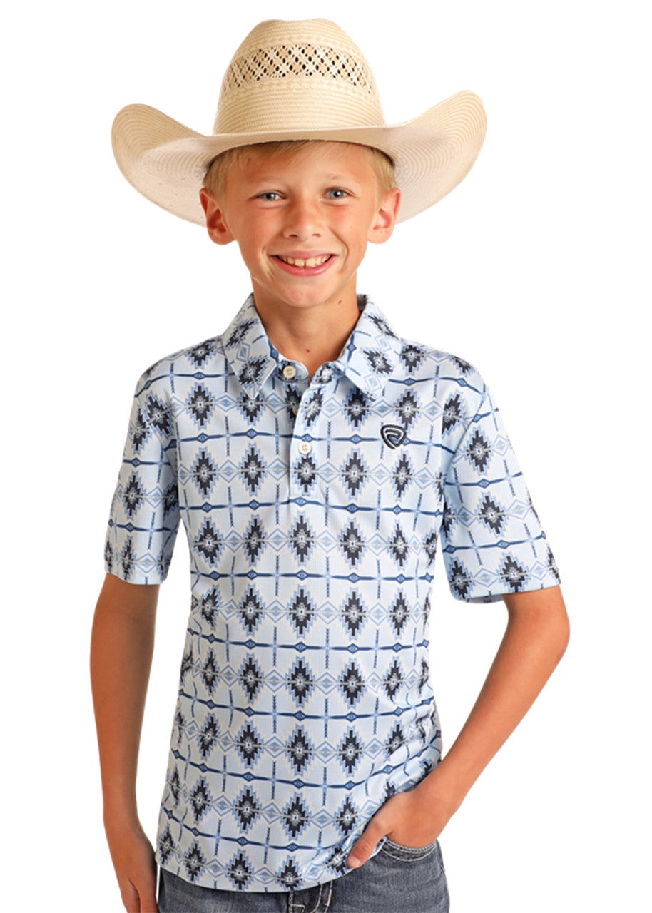 ROCK & ROLL AZTEC PRINTED YOUTH POLO - BABY BLUE