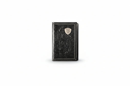 Ariat Mens Trifold Style Wallet Floral Embossed Shield Black