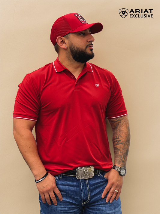 Men's Ariat Tek APS Logo SMU SS Red/White Polo