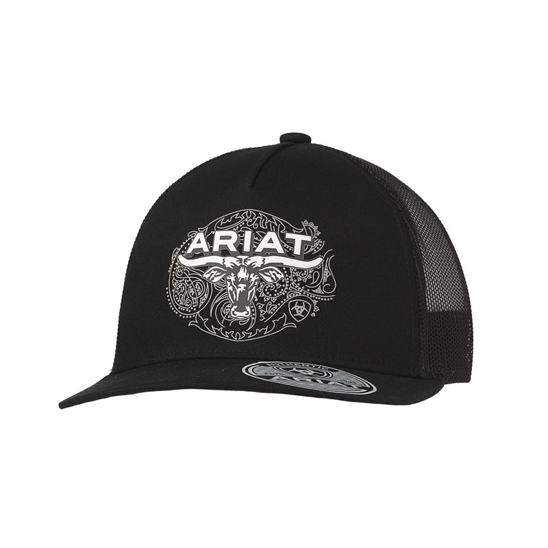 Ariat Snap Back Longhorn Paisely Background Black