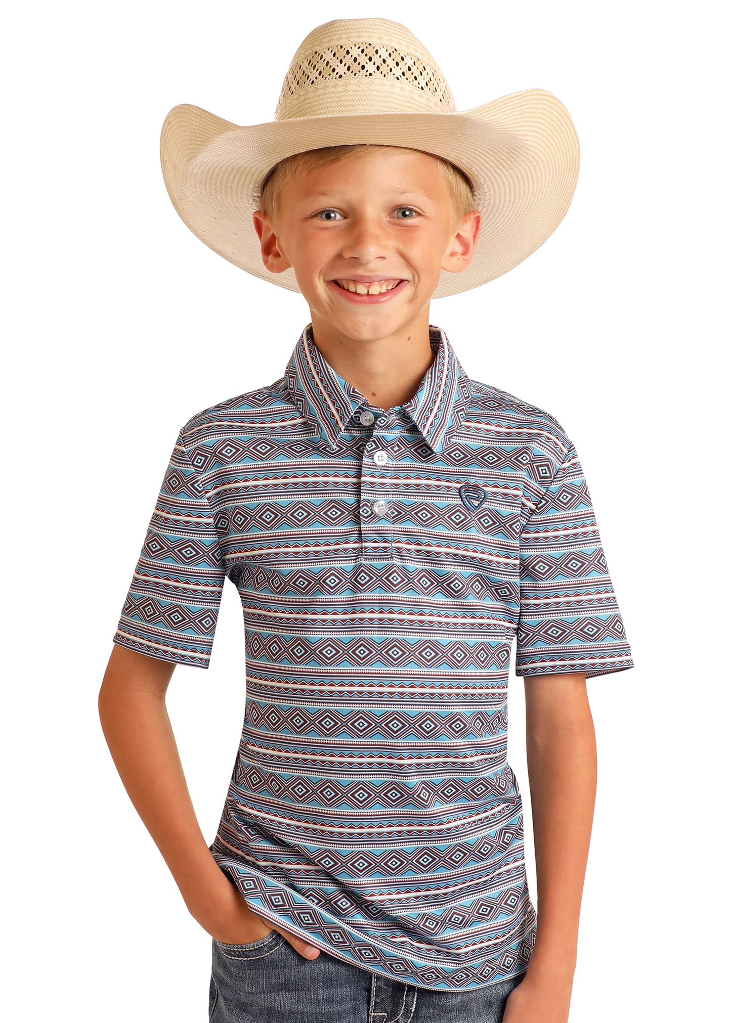 ROCK & ROLL AZTEC PRINTED YOUTH POLO - BLUE