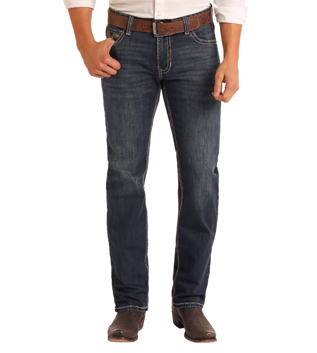 Slim Fit Dark Wash Two-Tone Stitch Straight Leg Jeans